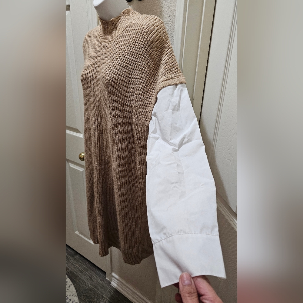 Tahari Mock White Shirt Layered Taupe Sweater Dress Taupe Size Extra Large NWOT - Picture 3 of 13